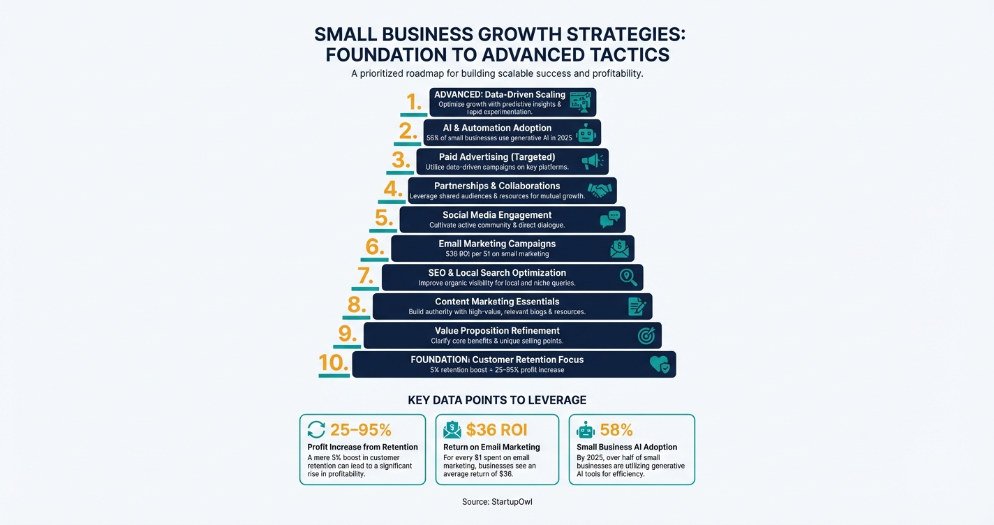 Ten business growth strategies shown as a numbered priority stack for small businesses