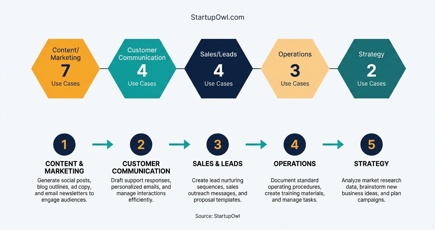 Five category diagram showing ChatGPT use cases for small business by function