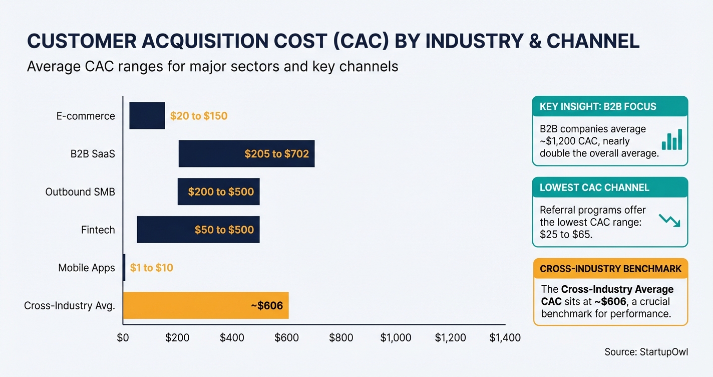 Bar chart comparing average customer acquisition cost across six major industries