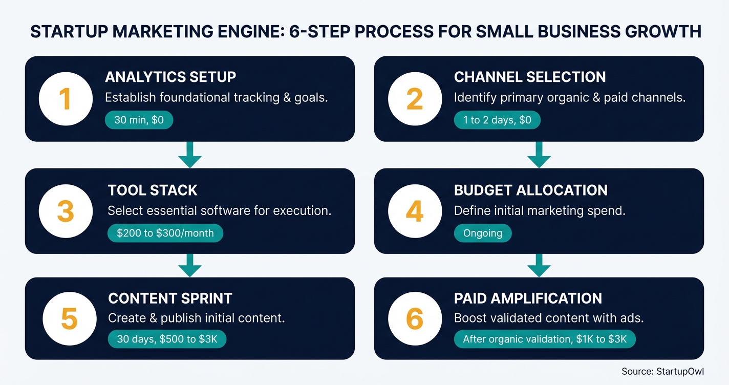 Six-step process diagram for building a startup digital marketing engine