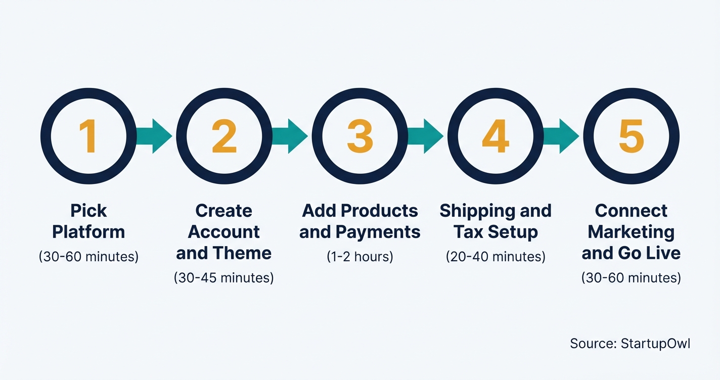 Five-step process diagram showing how to set up an online store from scratch