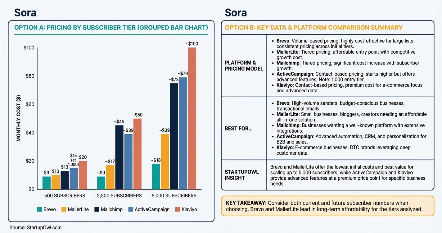 Comparison chart showing pricing tiers for five email marketing platforms at different subscriber counts