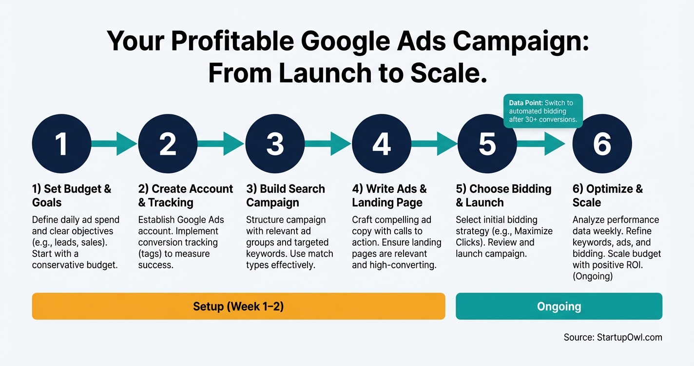 Six-step process diagram for launching a profitable Google Ads campaign