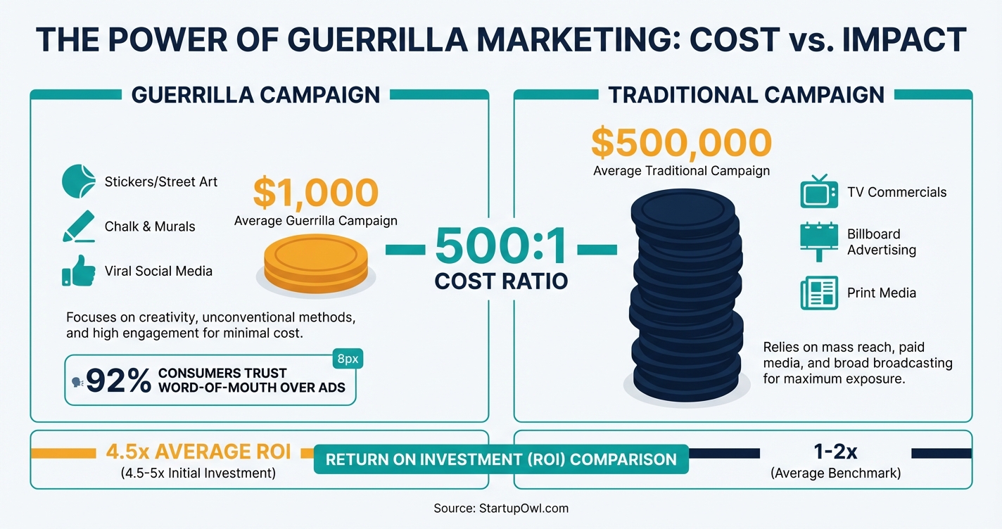 Guerrilla marketing cost comparison showing $1,000 average campaign vs $500,000 traditional advertising