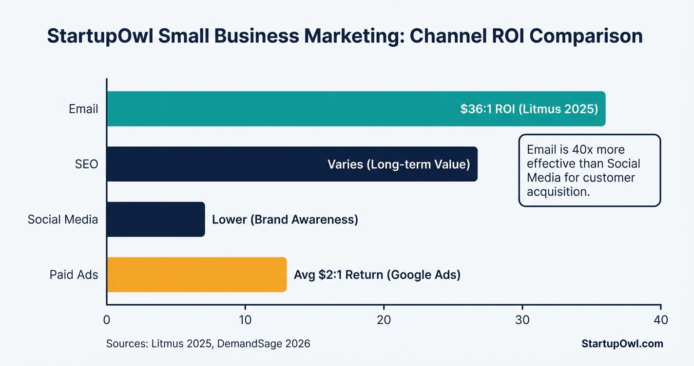 Bar chart comparing email marketing ROI of thirty-six dollars per dollar to other channels