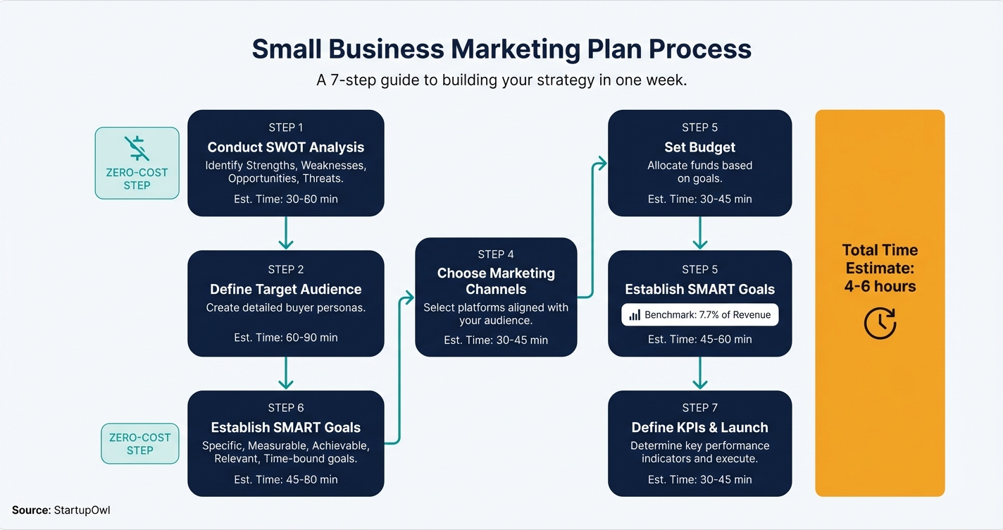 Process diagram showing marketing plan creation flow from SWOT through KPI setup