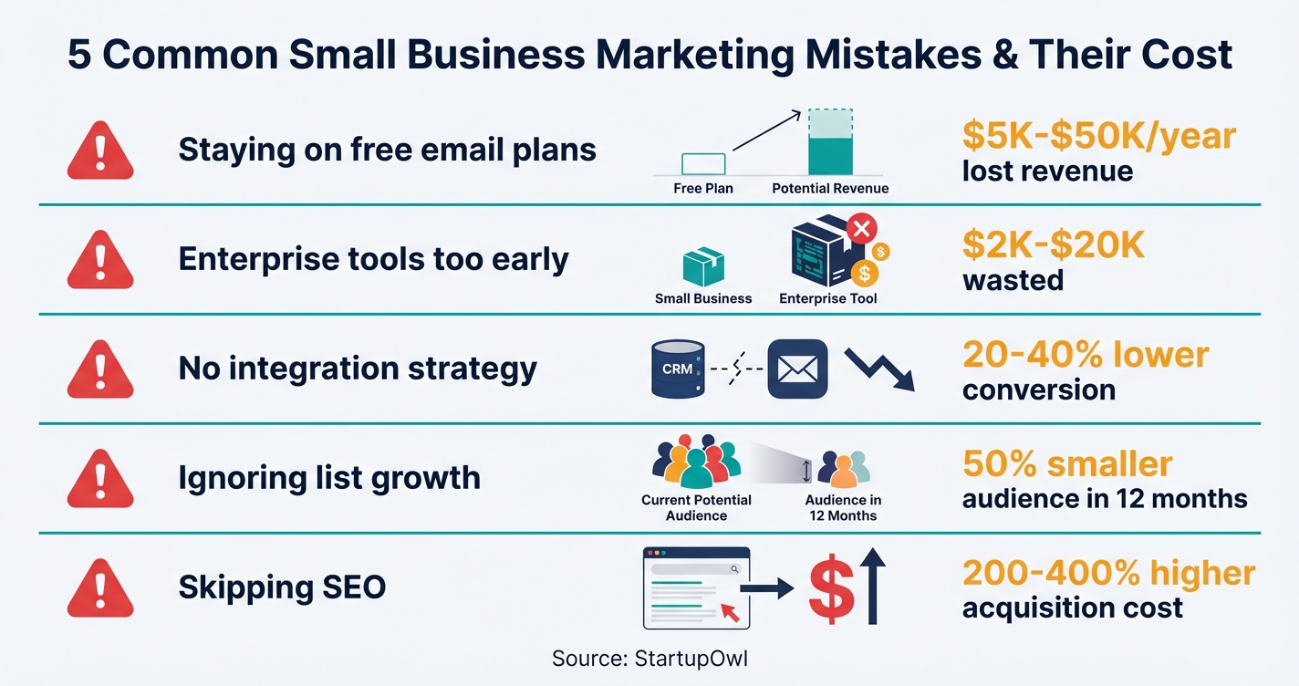 Infographic showing five common marketing mistakes with estimated dollar cost of each
