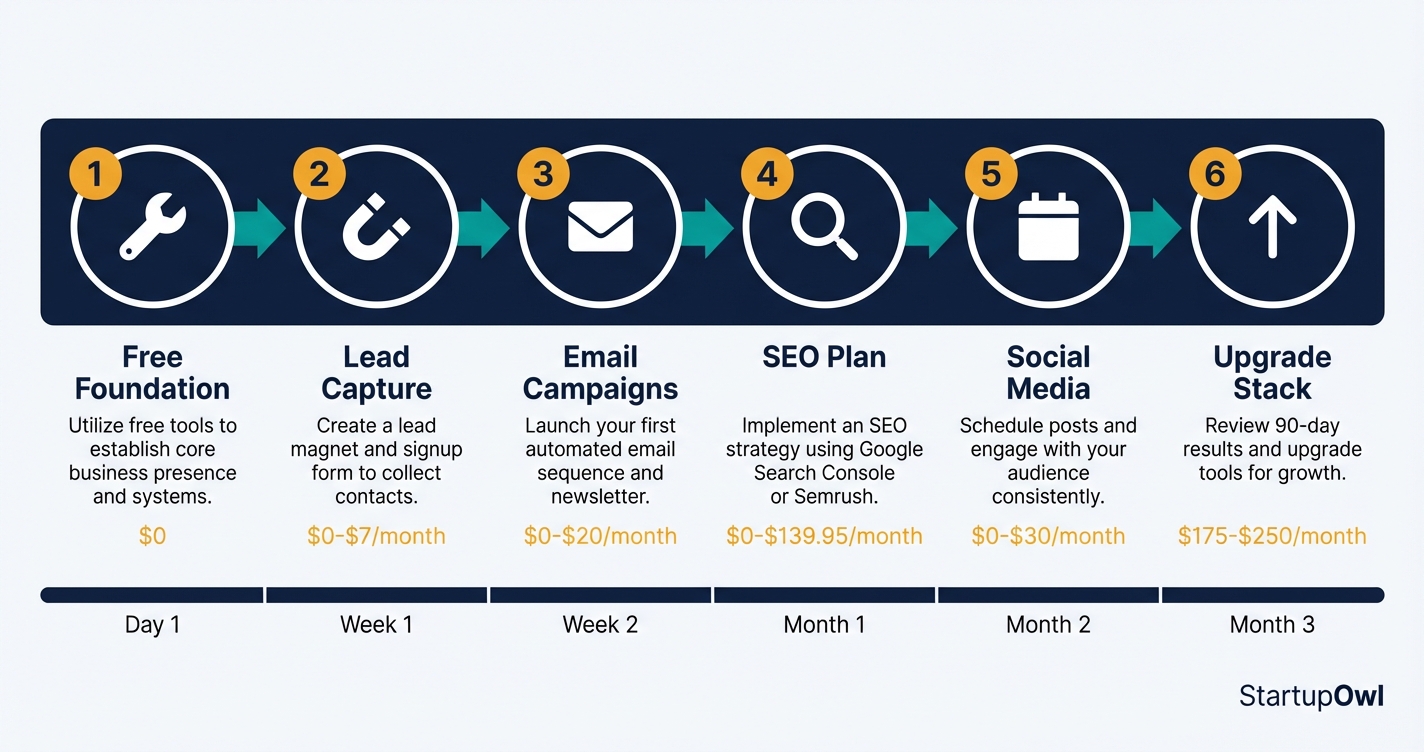 Six-step process diagram showing small business marketing stack setup sequence