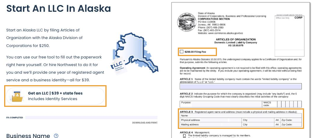 Northwest Registered Agent's Alaska LLC page on September 4, 2026, quoting $39 plus the $250 state fee with a year of registered agent service, beside the state's Articles of Organization form 08-484 with the $250 filing fee line and Article 3, the registered agent's physical and mailing address, marked