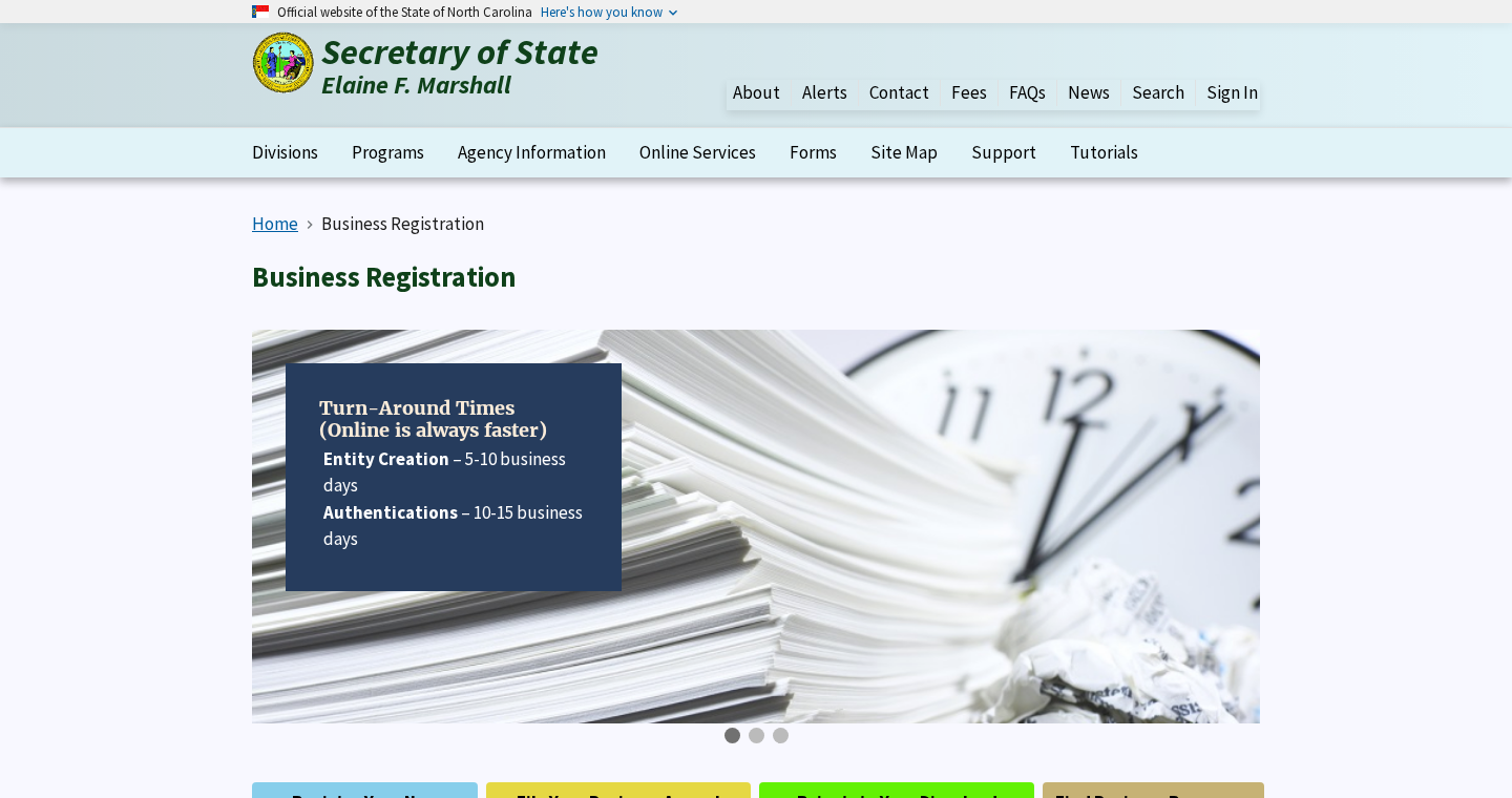 Screenshot of the North Carolina Secretary of State Business Registration page captured on 17 September 2026. The state's Turn-Around Times panel reads Entity Creation 5 to 10 business days and Authentications 10 to 15 business days, with the note that online is always faster.