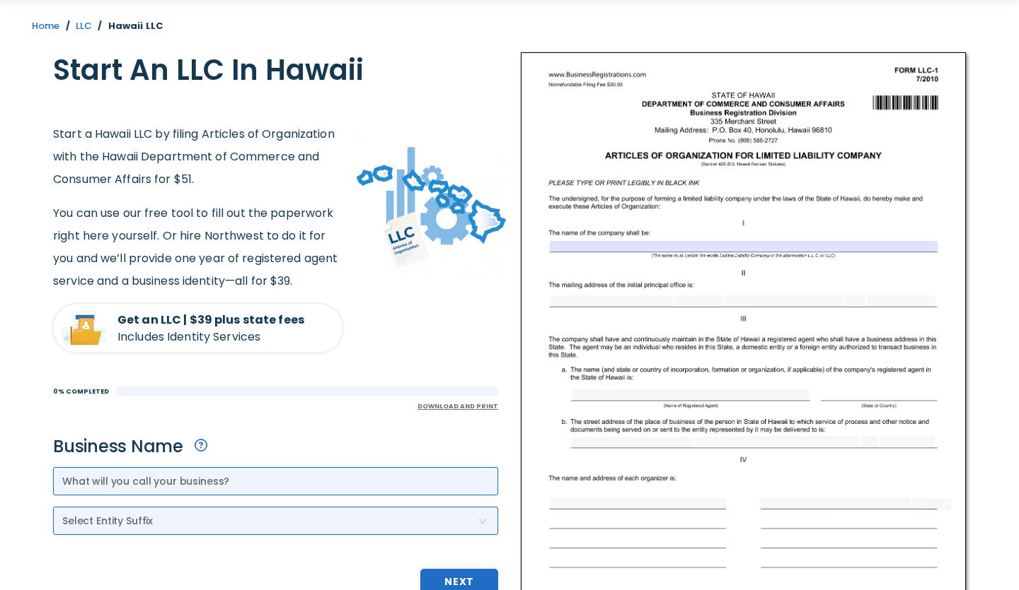 Screenshot of the Northwest Registered Agent Hawaii LLC page showing the state filing fee quoted as $51, a Get an LLC button priced at $39 plus state fees with Identity Services included, and a preview of Hawaii Form LLC-1 Articles of Organization.