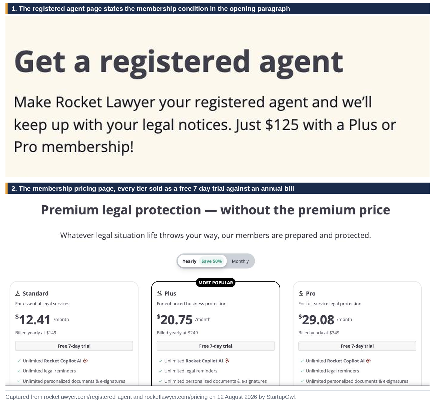 Two screenshots from Rocket Lawyer, the registered agent page reading Just $125 with a Plus or Pro membership, and the membership pricing page showing Standard billed yearly at $149, Plus at $249 and Pro at $349, each with a free 7-day trial button.