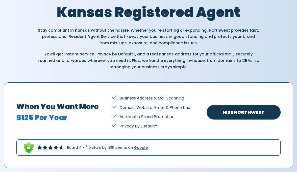 Northwest Registered Agent's own Kansas page with a price panel reading When You Want More, $125 Per Year, beside a list of business address and mail scanning, a domain, website, email and phone line, automatic brand protection and Privacy By Default.