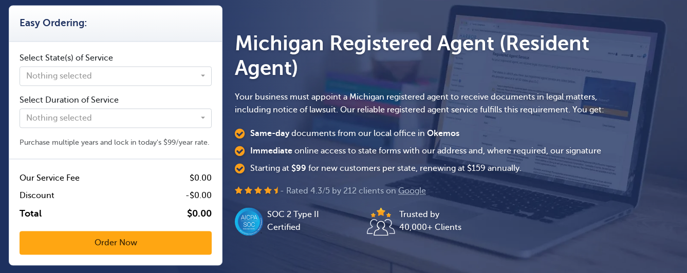 Harbor Compliance's own Michigan registered agent page, showing an offer starting at $99 for new customers per state and renewing at $159 annually, beside an ordering box offering multiple years at today's $99 per year rate.