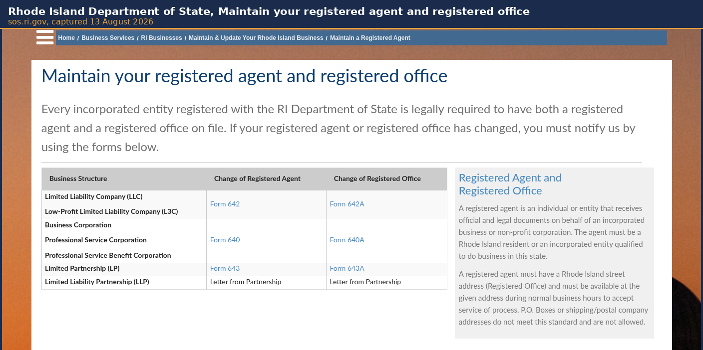 Screenshot of the Rhode Island Department of State page for maintaining a registered agent, showing Form 642 and Form 642A for limited liability companies beside the state's rule that a registered agent must have a Rhode Island street address and that PO boxes and shipping or postal company addresses are not allowed.
