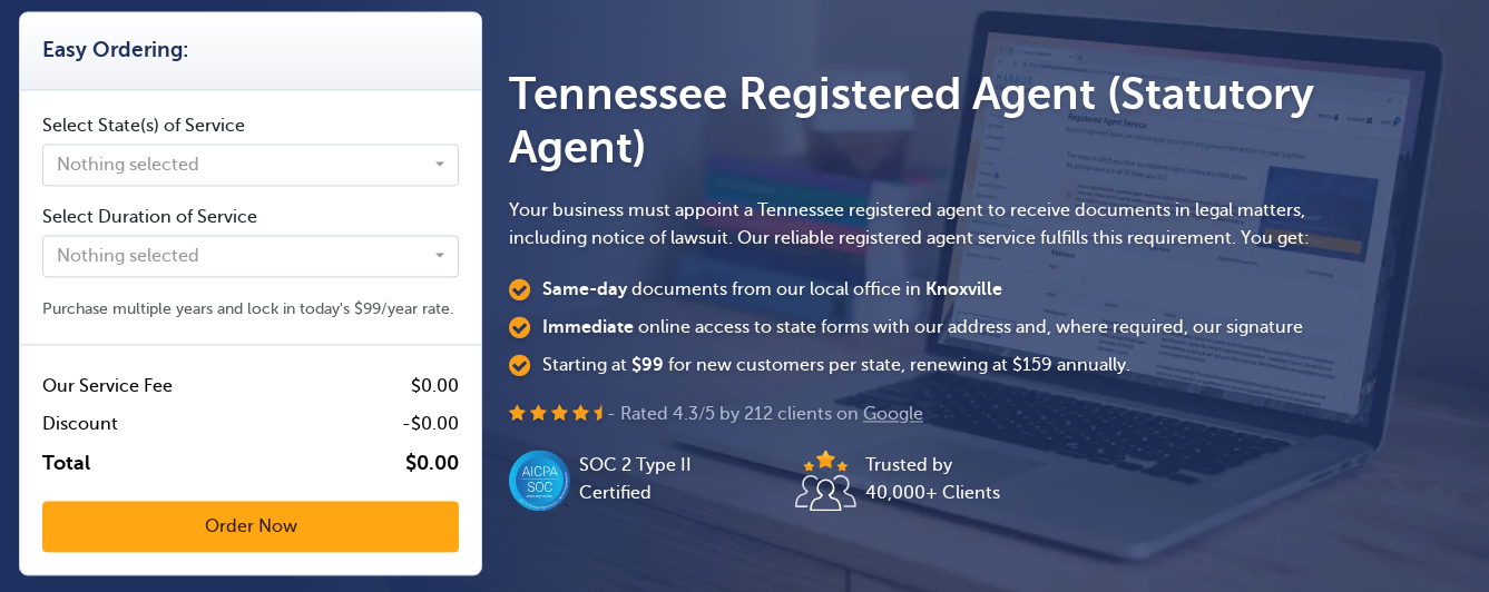 Harbor Compliance Tennessee registered agent page showing an order panel offering multiple years locked at the 99 dollar a year rate, and a bullet reading starting at 99 dollars for new customers per state, renewing at 159 dollars annually, with a Knoxville office and a 4.3 out of 5 Google rating from 212 clients.