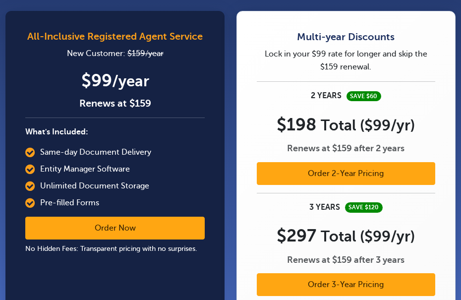 Harbor Compliance pricing page showing registered agent service at $99 for the first year, renewing at $159, with two years for $198 and three years for $297