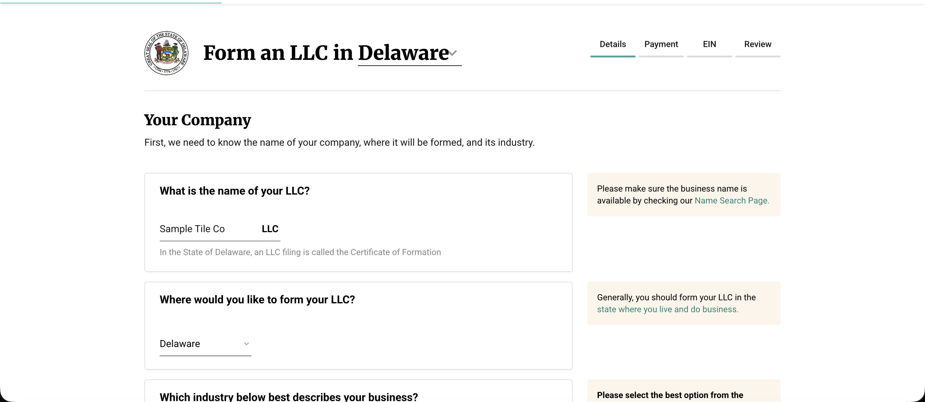 BetterLegal checkout flow for a Delaware LLC showing four steps, Details, Payment, EIN, and Review, with no add-on offers