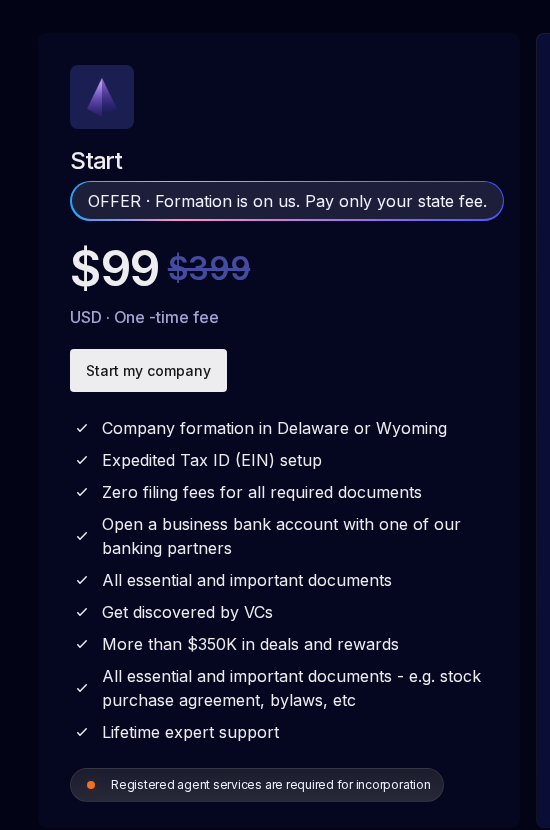 Firstbase Start pricing card showing an offer banner reading formation is on us, pay only your state fee, a $99 price with $399 struck through, a feature line reading zero filing fees for all required documents, and a footnote that registered agent services are required for incorporation.