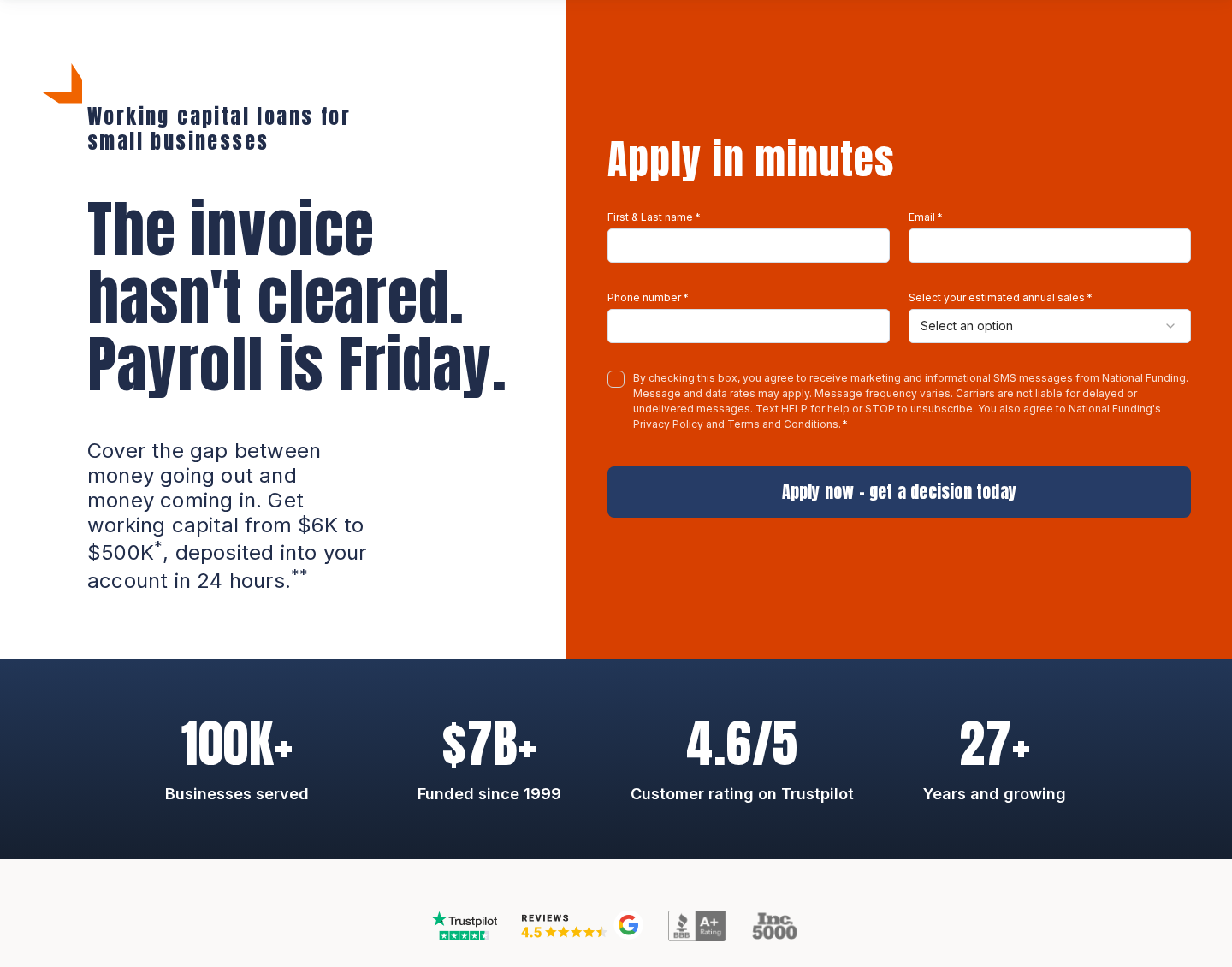 National Funding working capital page showing $6K to $500K loan amounts, 100K+ businesses, $7B+ funded and a 4.6 Trustpilot rating