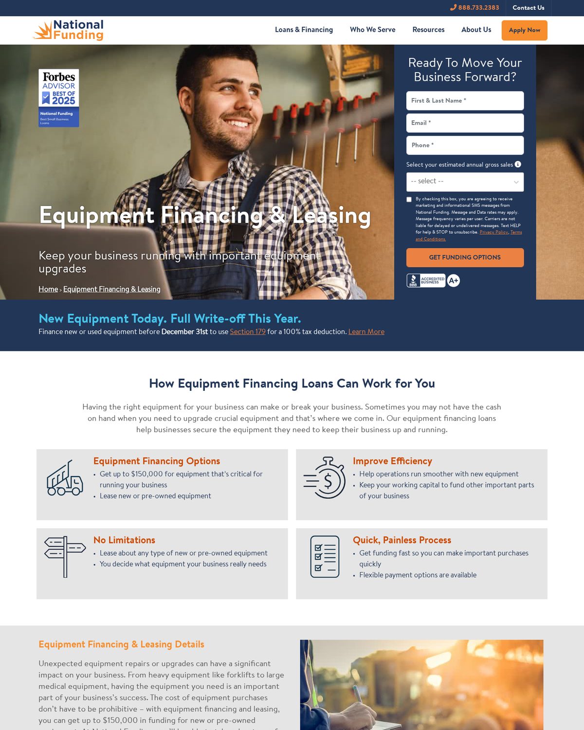 National Funding equipment financing page listing 6 months in business, fair to excellent credit, and a vendor quote as requirements