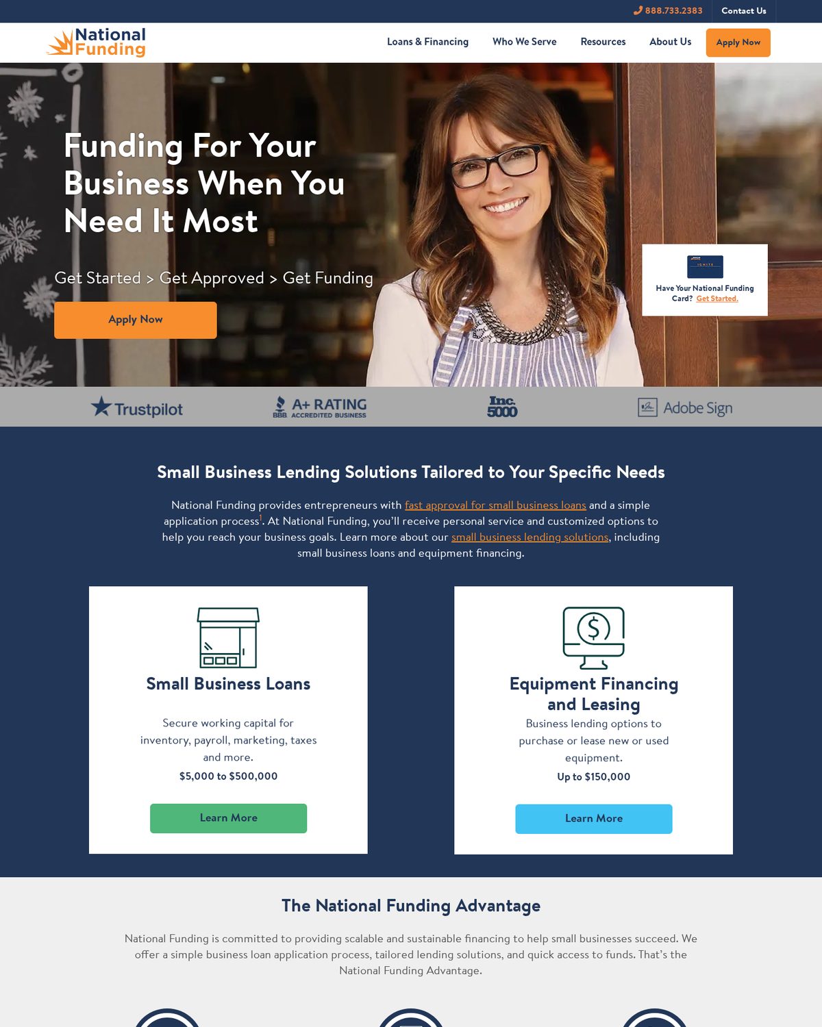 National Funding homepage with the funding application form asking for estimated annual gross sales