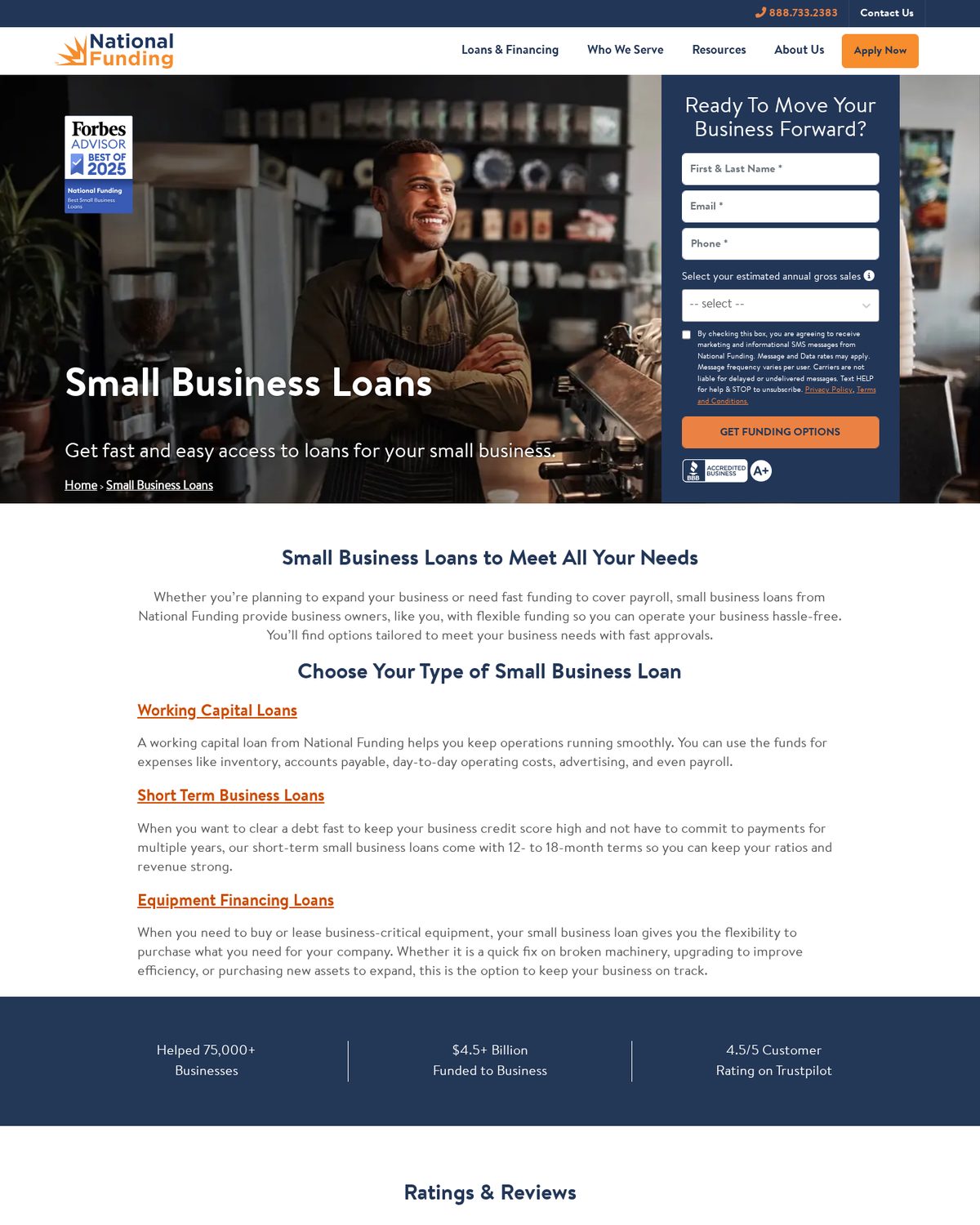 National Funding small business loans page showing working capital, short term, and equipment financing products
