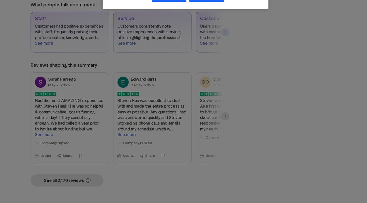 Trustpilot review summary for National Funding showing what customers praise most, staff and service