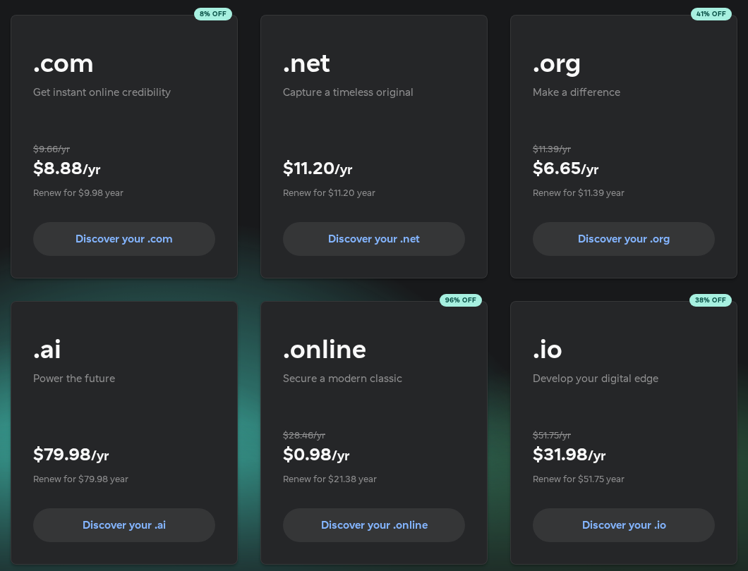 Spaceship domain price cards on 4 September 2026 showing .com at $8.88 renewing at $9.98, .net $11.20, .org $6.65, .ai $79.98, .online $0.98 and .io $31.98
