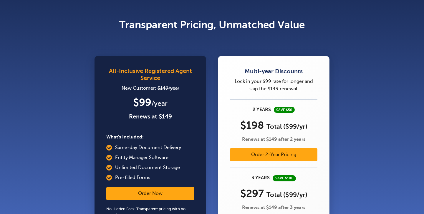 Harbor Compliance pricing page showing registered agent service at $99 for the first year, renewing at $149, with two years for $198 and three years for $297