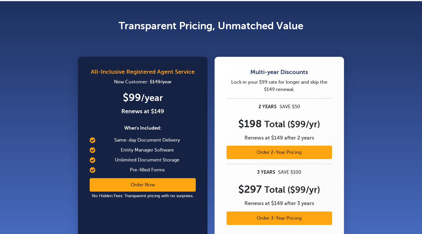 Harbor Compliance pricing page showing registered agent service at $99 for the first year, renewing at $149, with two years for $198 and three years for $297