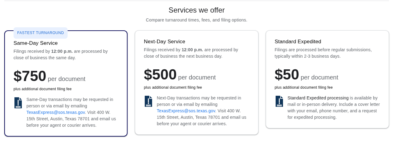 The Texas Secretary of State Texas Express page showing three cards, same day service at $750 per document, next day at $500 and standard expedited at $50, each stating how the request must be delivered.