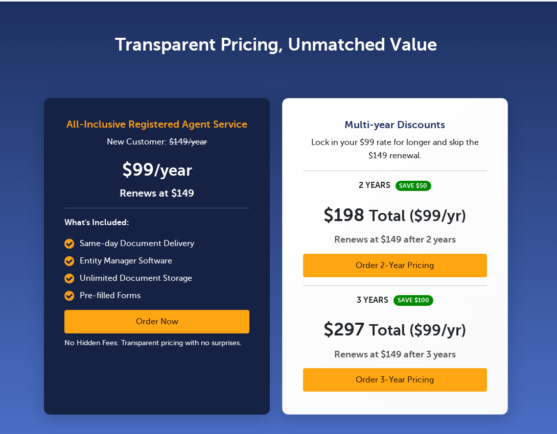 Harbor Compliance registered agent pricing page showing ninety nine dollars a year for new customers renewing at one hundred and forty nine dollars, beside a two year plan at one hundred and ninety eight dollars total and a three year plan at two hundred and ninety seven dollars total, both described as locking the lower rate.