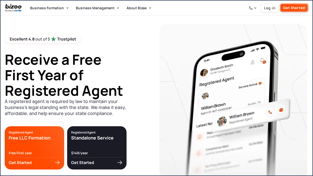 Bizee's registered agent page on August 19, 2026. The headline reads Receive a Free First Year of Registered Agent. Two cards sit under it, Free LLC Formation marked Free First year, and Standalone Service priced at $149 per year.