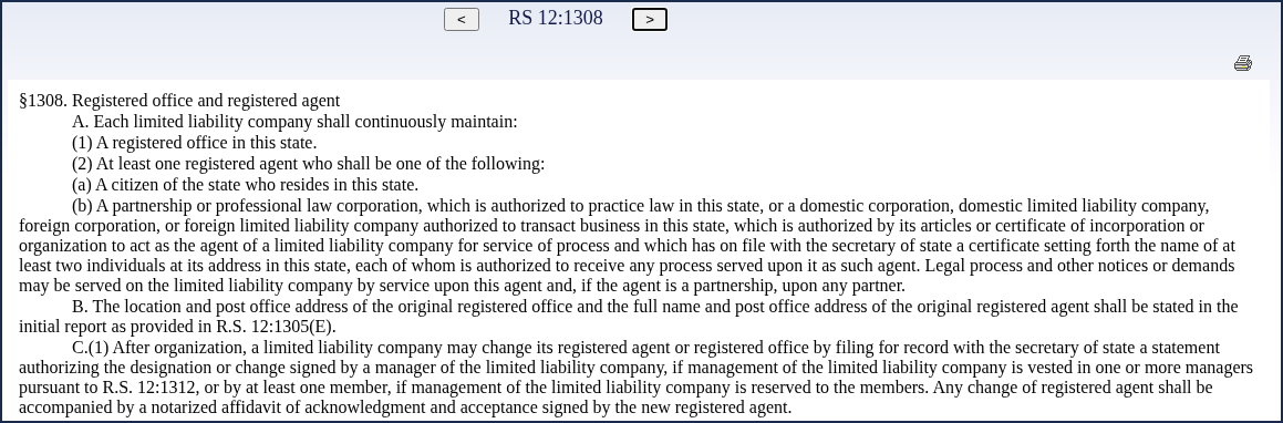 Screenshot of Louisiana Revised Statutes 12:1308 on the state legislature website. Subsection A requires a registered office in this state and at least one registered agent, either a citizen of the state who resides in this state, or a company that has a certificate on file naming at least two individuals at its address in this state who may receive process.
