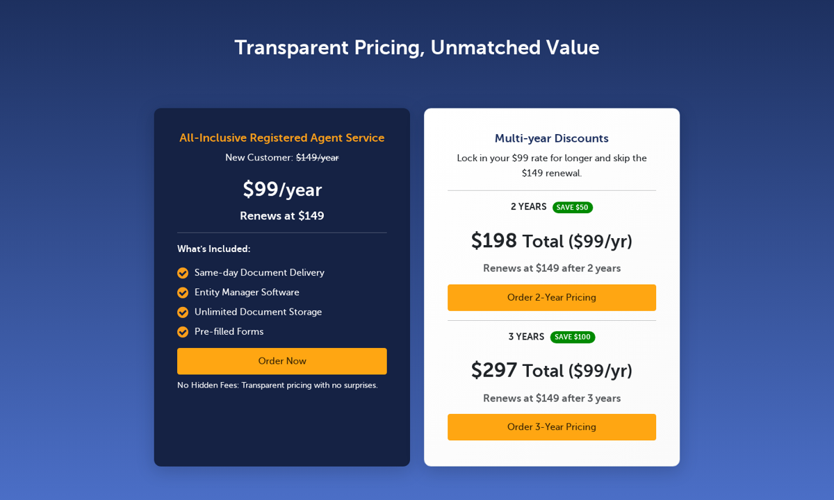 Harbor Compliance pricing page showing 99 dollars a year for new customers renewing at 149 dollars, beside a multi-year panel offering 198 dollars for two years and 297 dollars for three years, both working out at 99 dollars a year