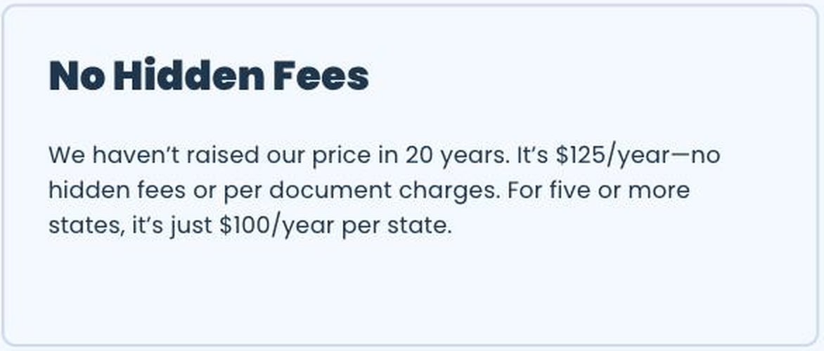 Northwest Registered Agent website panel headed No Hidden Fees, stating the company has not raised its price in 20 years, that the price is 125 dollars a year with no hidden fees or per document charges, and that five or more states cost 100 dollars a year per state