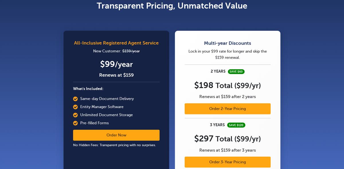 Harbor Compliance pricing page showing 99 dollars a year for new customers renewing at 159 dollars, beside a multi-year panel offering 198 dollars for two years and 297 dollars for three years, both working out at 99 dollars a year