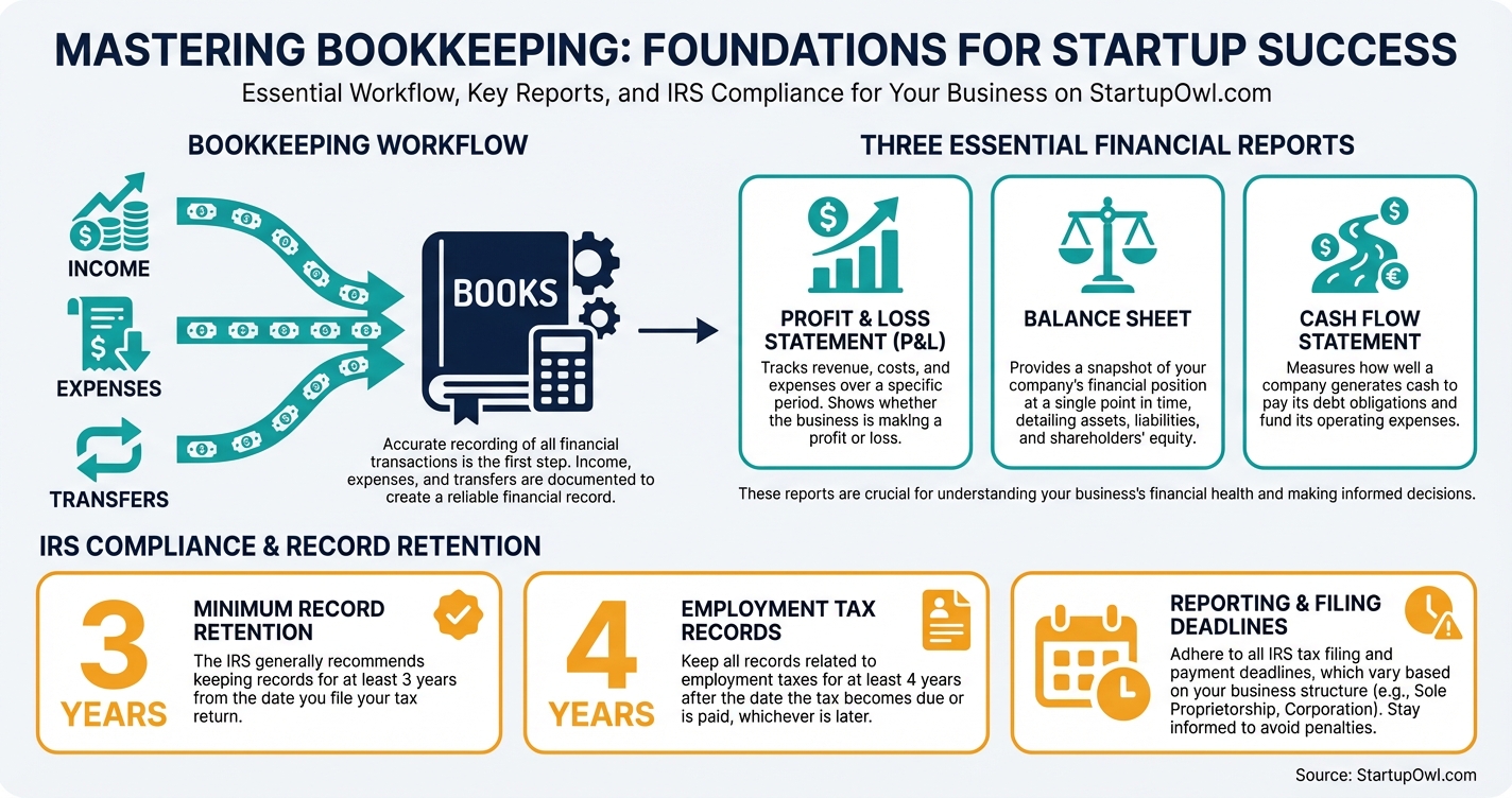 Infographic explaining bookkeeping basics with key stats and workflow steps
