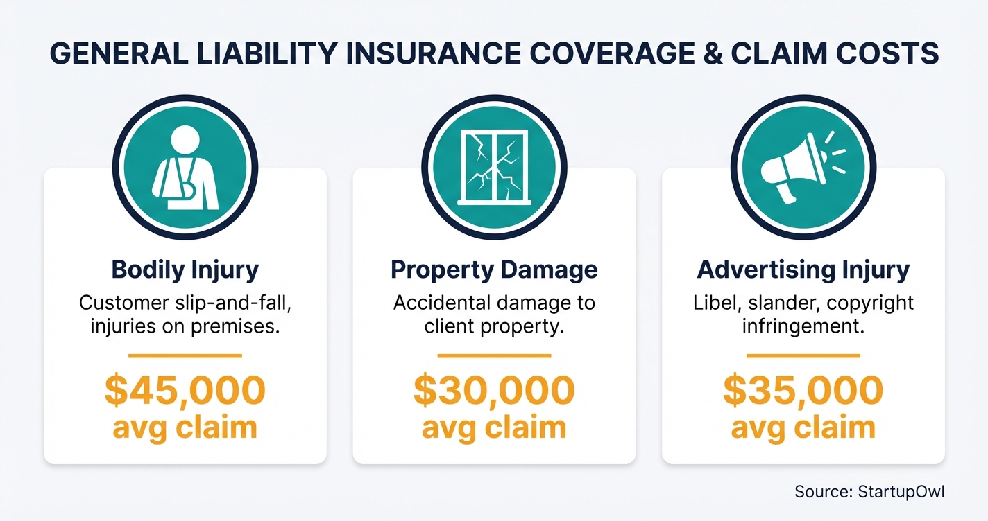 Infographic showing three coverage areas of general liability insurance for small businesses