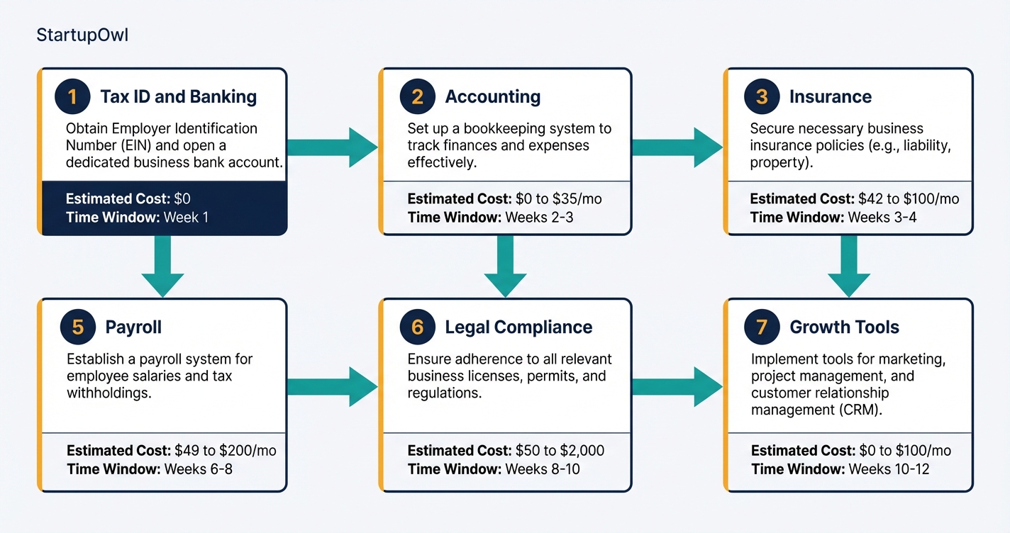 Business setup timeline showing seven phases from EIN to growth tools over 90 days