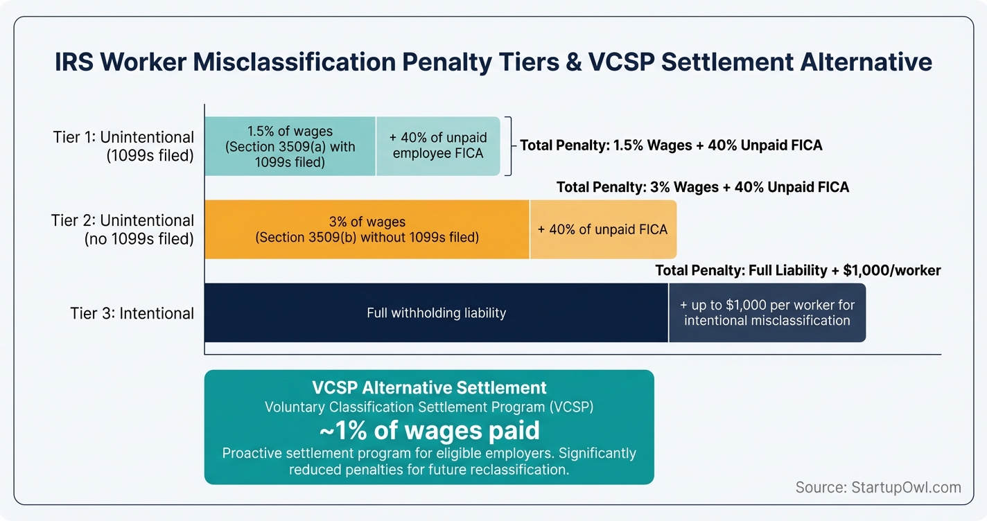 IRS misclassification penalty tiers from unintentional to intentional violations