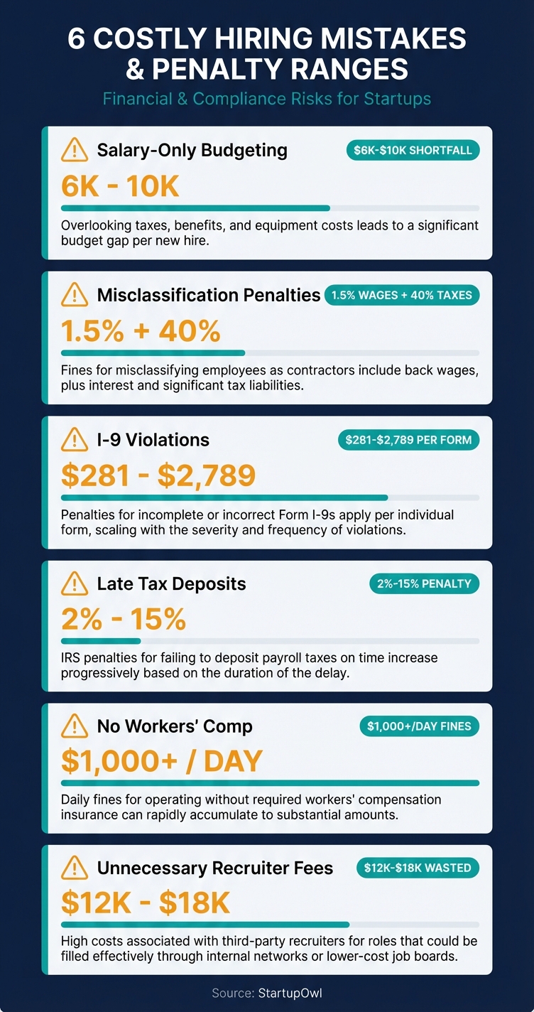 Infographic showing six costly hiring mistakes with dollar penalty ranges