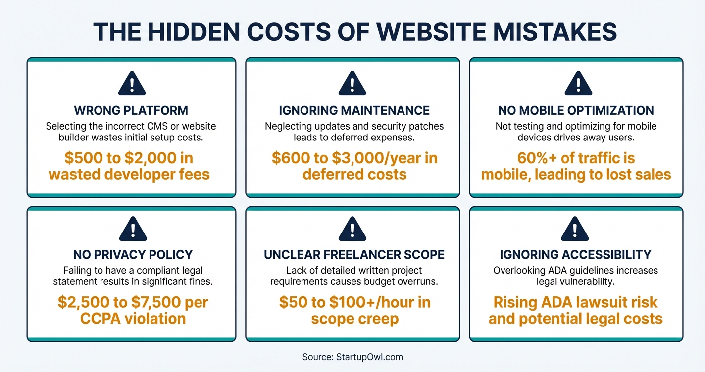 Infographic showing six common website mistakes with dollar cost consequences