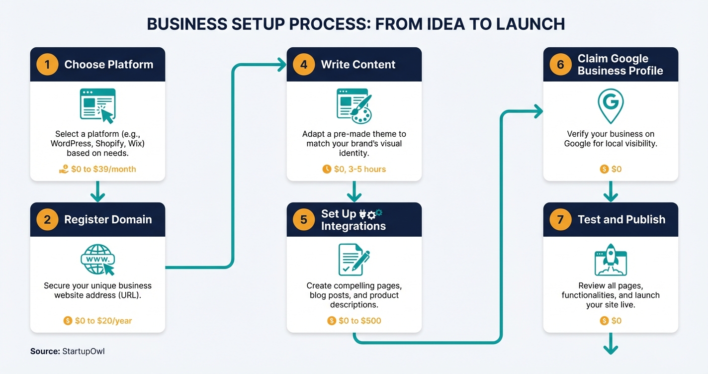 Seven-step process diagram for building a business website from platform to launch