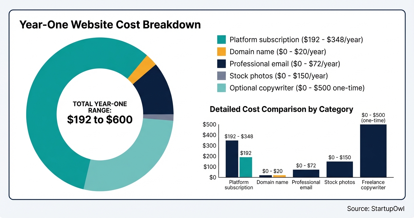 Pie chart showing year-one website cost breakdown for a typical small business