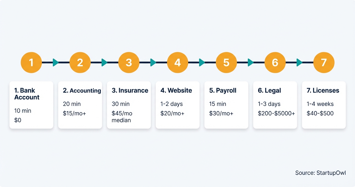 Seven step business setup process with timelines and costs for each step
