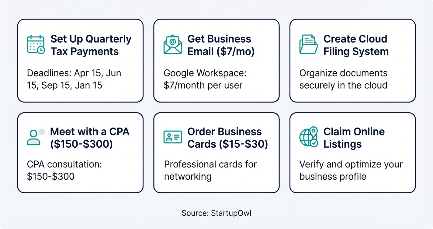Post-setup action items checklist with icons for taxes, email, filing, and CPA