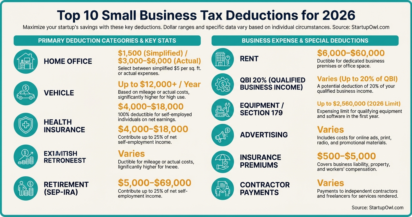 Infographic showing ten major small business tax deduction categories with dollar ranges
