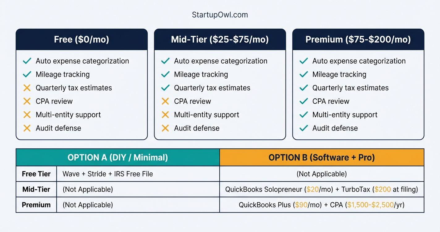 Three-column comparison of free, mid, and premium tax deduction tracking options